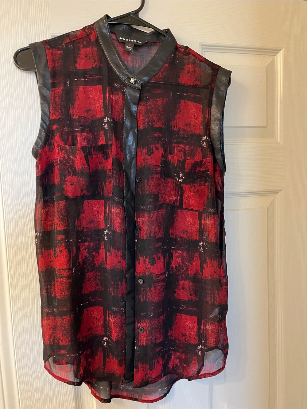 Rock & Republic Red and Black Sleeveless Sheer Button-Up Blouse